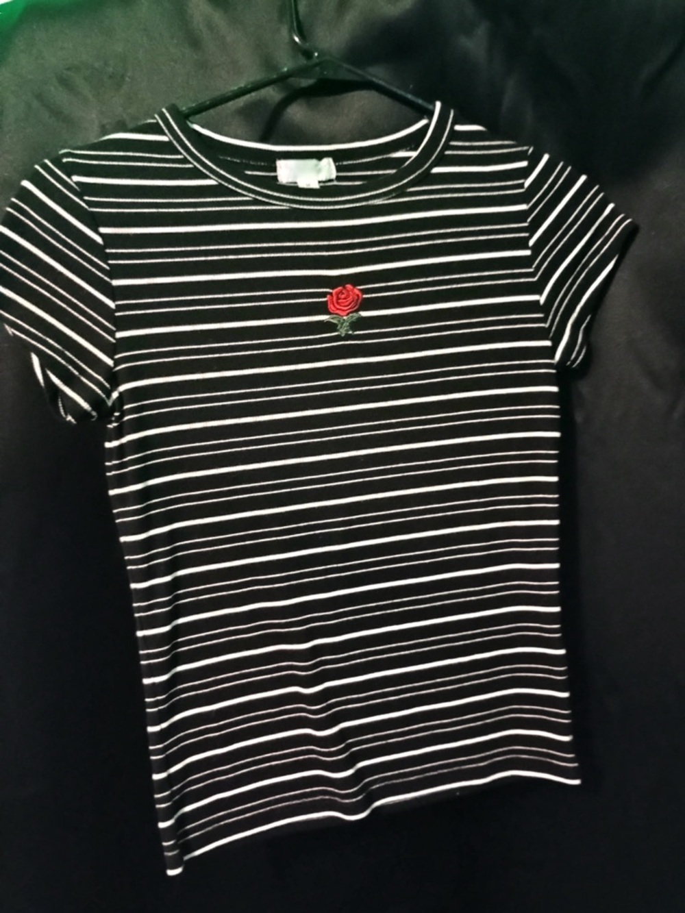 Striped Black & White Short Sleeve Tee with Red Rose Patch